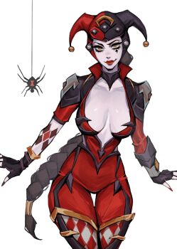 1girl absurdres animal black_gloves breasts brown_eyes bug collarbone colored_skin cosplay cowboy_shot dc_comics fingerless_gloves gloves grey_skin harley_quinn harley_quinn_(cosplay) hat highres jester_cap large_breasts long_hair multi-tied_hair nail_polish overwatch red_lips shiny_skin smile solo spider thigh_gap widowmaker_(overwatch) ykshelter