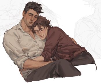 2boys absurdres arcane:_league_of_legends arcane_jayce arm_around_waist blue_dress brown_hair brown_pants closed_eyes closed_mouth collarbone collared_shirt commentary couple cropped_legs dark_skin dress english_commentary hand_on_another's_back head_rest highres jayce_(league_of_legends) league_of_legends male_focus mole mole_under_eye multiple_boys open_collar pants parted_lips red_shirt shirt sketch sleeping sleeves_rolled_up viktor_(arcane) viktor_(league_of_legends) white_background white_shirt yaoi yauoiyi