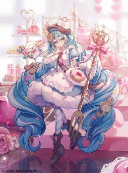 Rule 34 | 1girl, animal, apron, aqua eyes, aqua hair, aryuma772, asymmetrical legwear, blue bow, blue dress, blue eyes, blue hair, blue sleeves, blush, boots, bow, bowtie, bread, brown boots, brown hat, commentary request, cookie, dessert, detached sleeves, dress, dress bow, food, food-themed clothes, food-themed hat ornament, fork, frilled apron, frills, fruit, full body, fur-trimmed dress, fur-trimmed sleeves, fur trim, hair between eyes, hair ornament, hat, hat ornament, hatsune miku, highres, holding, holding fork, knee boots, long hair, long sleeves, looking at viewer, mismatched legwear, necktie, nurimas, official alternate costume, official alternate hairstyle, open mouth, pantyhose, pink necktie, puffy sleeves, rabbit yukine, short sleeves, smile, snowflake print, striped clothes, striped pantyhose, twintails, two-tone sleeves, very long hair, vocaloid, wavy hair, white apron, yuki miku, yuki miku (2026)