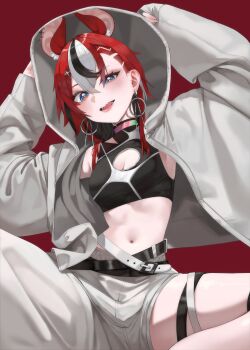 1girl absurdres animal_ears asymmetrical_clothes belt black_hair blue_eyes cleavage_cutout clothing_cutout commentary crop_top earrings hakos_baelz hakos_baelz_(monochrome_dancer) highres hololive hololive_english hood hood_up hooded_jacket jacket jewelry looking_at_viewer mouse_ears mouse_girl multicolored_hair navel open_clothes open_jacket open_mouth reachisang red_background red_hair sharp_teeth single_pantsleg solo streaked_hair teeth virtual_youtuber white_hair