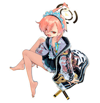 1girl absurdres ahoge backlighting barefoot between_legs black_nails blue_archive braid breasts brown_halo cleaning_&amp;_clearing_(blue_archive) collarbone commentary_request eudetenis fangs floral_print from_halo halo hand_between_legs hands_on_floor highres huge_ahoge jacket long_sleeves looking_at_viewer maid_headdress mole mole_under_eye nail_polish neru_(blue_archive) open_mouthpink_hair pleated_skirt print_jacket red_eyesschool_uniform shirt short_hair signature simple_background single_braid sitting skirt small_breasts solo sukajan tagwhite_shirt white_background