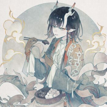 Rule 34 | 1girl, arknights, bamboo steamer, black hair, brown hands, chinese clothes, chinese commentary, chopsticks, colored extremities, commentary request, commission, dragon girl, dragon horns, dragon tail, earrings, eastern dragon horns, eastern dragon tail, eyeliner, food, green robe, highres, holding, holding chopsticks, holding food, horns, jewelry, jie (arknights), lanmei xiao dangao, long sleeves, makeup, multicolored hair, orange eyeliner, pointy ears, robe, shawl, short hair, smile, smoke, solo, streaked hair, tail