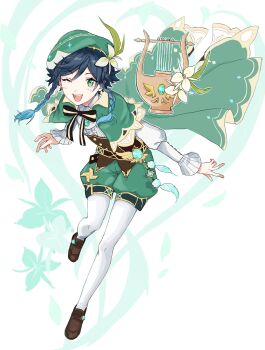 1boy androgynous beret black_hair blue_hair blush bow braid brooch brown_shoes cape collared_cape collared_shirt corset feathers flower frilled_sleeves frills full_body gem genshin_impact gradient_hair green_eyes green_hat green_shorts hair_flower hair_ornament hat highres instrument jewelry leaf long_sleeves looking_at_viewer lyre male_focus multicolored_hair one_eye_closed open_mouth pantyhose pinwheel ribbon shirt shoes short_hair_with_long_locks shorts simple_background smile solo sushi_171 twin_braids venti_(genshin_impact) vision_(genshin_impact) white_flower white_pantyhose white_shirt