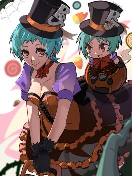 1girl alternate_costume aqua_hair black_gloves black_hat blurry blurry_background bow breasts brown_eyes candy candy_corn chibi cleavage closed_mouth collarbone commentary cowboy_shot cross-laced_clothes cross-laced_dress dress english_commentary food frosty_neo1 gloves halloween halloween_costume hat highres jack-o&#039;-lantern layered_dress looking_at_another looking_at_viewer medium_breasts orange_dress persona persona_3 purple_shrug red_bow redrawn short_hair short_sleeves shrug_(clothing) silk smile spider_web strapless strapless_dress top_hat yamagishi_fuuka