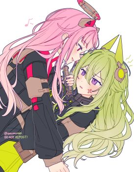 2girls alternate_hair_length_(longer) anger_vein black_gloves black_jacket blunt_bangs blush close_game/offline_(project_sekai) cocking_gun commentary dot_nose eighth_note eye_contact face-to-face gloves green_gloves green_hair gun hair_between_eyes hair_flaps hair_ornament halo highres holding holding_gun holding_weapon horns jacket kusanagi_nene long_bangs long_hair long_sleeves looking_at_another lying mechanical_ears mechanical_halo mechanical_horns multicolored_gloves multiple_girls musical_note official_alternate_costume official_alternate_hairstyle on_back ootori_emu parted_lips pink_eyes pink_hair pouch project_sekai purple_eyes simple_background single_glove smile straight_hair techwear the_coconutnut twitter_username two-tone_gloves untranslatable_commentary watermark weapon white_background yukadon yuri