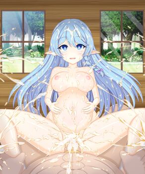 1boy 1girl big_belly blue_hair braid breasts bukkake bush chagama_(tyagama0927) commentary_request completely_nude cowgirl_position cum cum_on_body cum_on_hair duel_monster ejaculation elf forest girl_on_top heart heart-shaped_pupils highres holding_another's_leg indoors long_hair medium_breasts mind_break nature navel nipples nude pointy_ears pov pregnant sex spread_legs straddling symbol-shaped_pupils tearing_up tree vaginal water_enchantress_of_the_temple window x-ray yu-gi-oh!