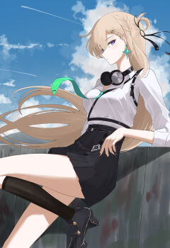 1girl absurdres black_skirt black_socks blonde_hair breasts closed_mouth commentary earrings from_side green_necktie headphones headphones_around_neck highres jewelry long_hair looking_to_the_side lynae_(wuthering_waves) medium_breasts nanashi1329 necktie outdoors purple_eyes shirt shirt_tucked_in sideways_glance skirt socks solo star_(symbol) star_earrings white_shirt wind wuthering_waves