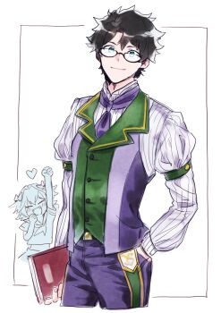 Rule 34 | 2boys, astolfo (fate), astolfo (sailor paladin) (fate), black hair, blue eyes, book, cheering, cowboy shot, fangs, fate/apocrypha, fate/grand order, fate (series), fujimaru ritsuka (male), glasses, hand in pocket, heart, juliet sleeves, long sleeves, looking at viewer, male focus, multiple boys, official alternate costume, pinstripe pattern, puffy sleeves, school uniform, serafuku, short hair, simple background, smile, solo focus, striped, trap, wani (mezo), white background