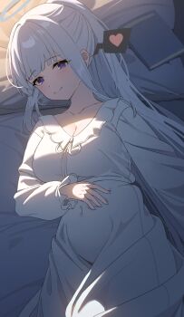 1girl absurdres bed blue_archive blush book breasts cleavage closed_mouth commentary_request dunggeul_dunggeul halo hand_on_own_stomach highres korean_commentary large_breasts long_hair long_sleeves looking_at_viewer lying nightgown noa_(blue_archive) noa_(pajamas)_(blue_archive) pajamas pillow ponytail purple_eyes sidelocks solo very_long_hair white_nightgown white_pajamas