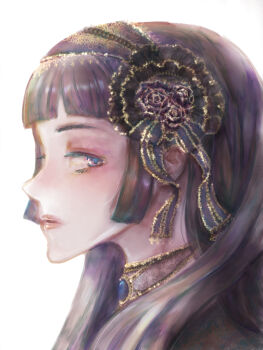 1girl black_hair blue_eyes blue_gemstone blunt_bangs commentary_request from_side gem headdress jewelry long_hair looking_at_viewer necklace original portrait profile shasizu sideways_glance simple_background solo white_background