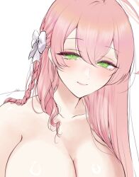 Rule 34 | 1girl, ahoge, blue archive, blush, bow, braid, breasts, cleavage, closed mouth, collarbone, commentary, completely nude, eyelashes, filha, green eyes, hair between eyes, hair bow, halo, hanako (blue archive), huge breasts, lips, long hair, looking at viewer, nude, pink hair, pink halo, pink lips, portrait, signature, simple background, smile, solo, white background, white bow
