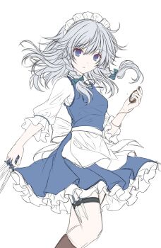 Rule 34 | 1girl, apron, back bow, bell sleeves, between fingers, blue bow, blue dress, blue eyes, bow, braid, brown socks, commentary request, cowboy shot, dress, expressionless, flat color, floating hair, frilled dress, frills, grey hair, hair bow, hand up, highres, holding, holding knife, holding pocket watch, izayoi sakuya, kneehighs, knife, knives between fingers, looking at viewer, maid, maid apron, maid headdress, medium hair, mimi (rasy5002), parted lips, petticoat, pocket watch, shirt, short dress, side braids, simple background, sketch, sleeveless, sleeveless dress, socks, solo, thigh strap, three-quarter sleeves, throwing knife, touhou, unfinished, waist apron, watch, weapon, weapon in garters, white apron, white background, white bow, white shirt, wing collar
