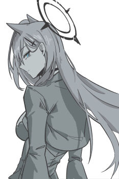 Rule 34 | 1girl, absurdres, ahoge, animal ears, back, black choker, black dress, black gloves, black halo, black shrug, blue archive, blue eyes, breasts, bright pupils, broken halo, choker, cross, cross hair ornament, dark halo, dress, extra ears, floating hair, frills, gloves, grey hair, hair between eyes, hair ornament, halo, highres, inverted cross, jewelry, large breasts, leaning back, long hair, long sleeves, looking at viewer, looking back, looking down, medium breasts, mismatched pupils, open clothes, puffy long sleeves, puffy sleeves, shiroko terror (blue archive), shrug (clothing), smile 5m1le, solo, sparkle, strapless, strapless dress, thigh strap, upper body, very long hair, wavy hair, white background, white pupils, wide sleeves, wolf ears, wolf girl