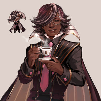 Rule 34 | 1boy, :d, aegyo sal, black coat, black hair, black shirt, brown cape, cape, coat, coffee, collared coat, collared shirt, commentary, cookie run, cookie run: kingdom, cup, dark-skinned male, dark skin, english commentary, espresso cookie, facing viewer, fingernails, flipped hair, gem, glasses, gold trim, grey background, grin, hands up, holding, holding cup, holding plate, humanization, lace-trimmed shirt collar, light-skinned palms, lips, long sleeves, looking at viewer, looking to the side, male focus, multicolored hair, necktie, nijuuni, official art inset, open mouth, orange eyes, pink gem, pink necktie, plate, realistic, reference inset, round eyewear, shirt, short hair, simple background, sleeve cuffs, smile, solo, sparkle, steam, streaked hair, striped cape, thick eyebrows, twitter username, two-tone hair, upper body, vertical-striped cape, white-framed eyewear, white hair