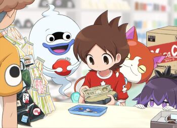 1girl 2boys amano_keita animal_ears banknote box brown_eyes brown_hair cardboard_box cat_ears ghost holding holding_wallet hyakkihime indoors jibanyan koko_ue money multiple_boys notched_ear open_mouth purple_eyes purple_hair red_fur red_shirt shirt short_hair short_sleeves wallet watch whisper_(youkai_watch) yellow_shirt youkai_(youkai_watch) youkai_watch youkai_watch_(object)