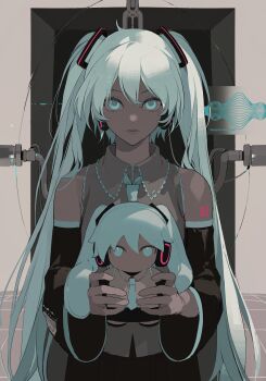 Rule 34 | absurdres, alternate skin color, aqua eyes, aqua hair, aqua necktie, arm tattoo, character doll, chongzhen 085, collared shirt, cowboy shot, dark-skinned female, dark skin, detached sleeves, doll, grey shirt, hatsune miku, highres, holding, holding doll, long hair, looking at viewer, necktie, number tattoo, photo-referenced, shirt, sleeveless, sleeveless shirt, straight-on, tattoo, twintails, very long hair, vocaloid