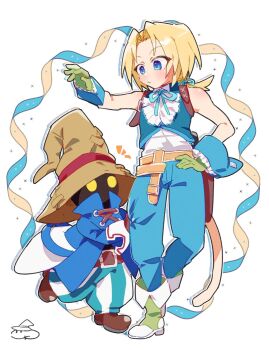 Rule 34 | 2boys, ascot, bare shoulders, belt, black mage (final fantasy), blonde hair, blue coat, blue eyes, blue pants, blue ribbon, blue vest, blue wrist cuffs, boots, brown belt, brown boots, cat tail, coat, commentary request, final fantasy, final fantasy ix, full body, gloves, green boots, green gloves, hair ribbon, hand on own hip, hat, highres, light blush, low ponytail, male focus, multiple boys, neck ribbon, pants, parted bangs, ponytail, r1ng0cc, ribbon, shirt, striped clothes, striped pants, tail, vest, vivi ornitier, white ascot, white background, white shirt, wizard hat, wrist cuffs, yellow eyes, zidane tribal