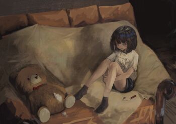 1girl absurdres animal_print bear_print black_hair black_shorts black_socks blush commentary couch crying damaged eliot_(eokaitekaite969) full_body grey_eyes highres hugging_own_legs indoors knees_up needle no_shoes on_couch open_mouth original print_shirt sad sewing_needle shirt short_hair short_shorts shorts sitting socks solo spool stuffed_animal stuffed_toy stuffing t-shirt teddy_bear white_shirt wooden_floor