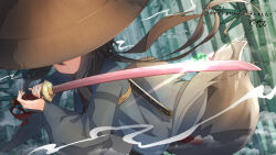 Rule 34 | 1boy, bamboo, bamboo forest, brown hair, brown hat, brown kimono, closed mouth, commentary request, commission, coreytaiyo, dated, day, floating hair, forest, fox tail, hat, highres, holding, holding sword, holding weapon, japanese clothes, katana, kimono, long hair, male focus, nature, open clothes, original, outdoors, sandogasa, signature, smoke, solo, sword, tail, translation request, unsheathed, very long hair, weapon