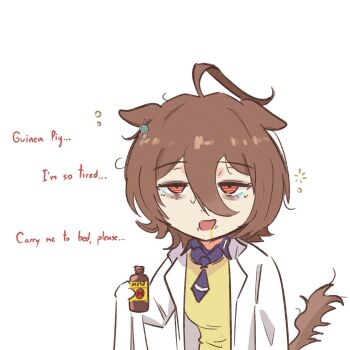 1girl agnes_tachyon_(tach-nology)_(umamusume) agnes_tachyon_(umamusume) ahoge animal_ears bags_under_eyes bottle brown_hair coat drooling earrings ears_down english_text hair_between_eyes highres holding holding_bottle horse_ears horse_girl horse_tail huge_ahoge jewelry johnholl0w lab_coat long_sleeves looking_at_viewer medium_hair necktie open_mouth red_eyes shirt short_necktie single_earring sleepy sleeves_past_fingers sleeves_past_wrists solo sweater sweater_vest tail umamusume upper_body white_coat yellow_sweater yellow_sweater_vest