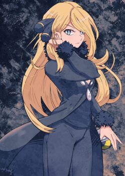 1girl batchgooya black_background black_coat black_pants blonde_hair breasts closed_mouth coat cowboy_shot cynthia_(pokemon) fur-trimmed_coat fur-trimmed_sleeves fur_trim grey_eyes hair_ornament hair_over_one_eye hand_in_own_hair highres holding holding_poke_ball long_hair looking_at_viewer medium_breasts nintendo pants poke_ball pokemon pokemon_dppt solo ultra_ball very_long_hair