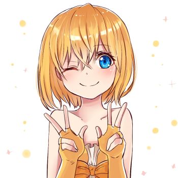 1girl blonde_hair blue_eyes blush bob_cut bow collarbone dress fingerless_gloves gloves hair_between_eyes looking_at_viewer non-web_source official_art one_eye_closed short_hair simple_background solo taiyo_ami upper_body utau w white_background yellow_bow yellow_dress yellow_gloves yen-mi