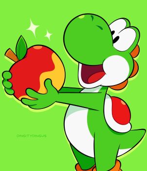 1boy apple artist_name food fruit green_background highres holding holding_food holding_fruit mario_(series) nintendo open_mouth solo sparkle vinny_(dingitydingus) yoshi
