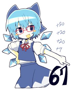 1girl 67_(meme) blue_bow blue_eyes blue_hair blue_skirt blush_stickers bow cirno collared_shirt commentary detached_wings fang hair_bow ice ice_wings kokum0tsu looking_to_the_side meme open_mouth red-framed_eyewear shirt short_hair simple_background skirt smile solo touhou white_background white_shirt wings