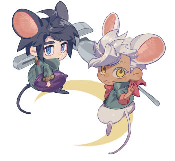 2boys animal_ears blue_eyes chibi chibi_only commentary commentary_request english_commentary gundam gundam_tekketsu_no_orphans highres holding holding_spoon holding_wrench index_finger_raised male_focus mikazuki_augus mouse_boy mouse_ears mouse_tail multiple_boys orga_itsuka ringed_eyes short_hair smile spoon sumooo_(ga_ilil) tail wrench yellow_eyes