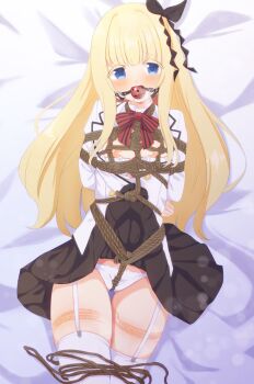 1girl arms_behind_back ball_gag bdsm bed bed_sheet between_breasts between_legs between_thighs black_bow black_ribbon black_skirt blonde_hair blue_eyes blush bondage bound bound_arms bound_breasts bound_torso bow bow_bra bowtie bra bra_pull breast_bondage breasts breasts_out breath cleft_of_venus clothes_lift clothes_pull collar collared_jacket collared_shirt commission commissioner_upload crotch_rope drooling embarrassed female_focus frilled_collar frilled_jacket frilled_panties frilled_shirt frilled_shirt_collar frills gag gagged garter_straps gluteal_fold hair_between_eyes hair_bow hair_ornament hair_ribbon hamuta_(machosbrown) highres jacket juliet_persia kishuku_gakkou_no_juliet long_hair long_sleeves looking_at_viewer lying medium_breasts nipples on_back open_clothes open_jacket open_mouth open_shirt panties pelvic_curtain pleated_skirt red_bow red_bowtie ribbon rope rope_marks saliva saliva_trail shibari shibari_over_clothes shirt sidelocks skeb_commission skin_tight skindentation skirt skirt_lift solo thigh_gap thigh_strap thighhighs thighs unbuttoned unbuttoned_jacket unbuttoned_shirt underwear very_long_hair white_background white_bra white_garter_straps white_jacket white_panties white_shirt white_thighhighs