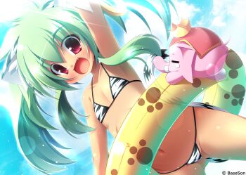 1girl absurdres animal_ears arm_up armpits bikini cameltoe cat_ears earrings elephant fang female_focus flat_chest floatation_devices green_hair highres innertube jewelry koihime_musou kuwada_yuuki long_hair moukaku_(koihime_musou) navel open_mouth red_eyes smile solo swim_ring swimsuit tail twintails waving