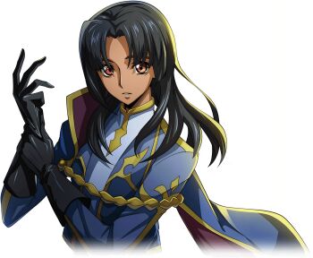 1boy adjusting_clothes adjusting_gloves androgynous artist_request black_gloves black_hair blue_cape blue_jacket cape code_geass code_geass:_lost_stories cropped_torso dark-skinned_male dark_skin game_cg gloves gold_trim hair_intakes hands_up jacket ledo_offen long_hair long_sleeves looking_at_viewer male_focus military_uniform non-web_source official_art parted_lips red_eyes shirt side_cape sidelocks simple_background solo standing transparent_background upper_body white_shirt