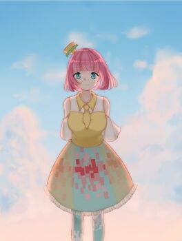 Rule 34 | 1girl, arms behind back, bare shoulders, blue eyes, blue sky, blunt bangs, bob cut, closed mouth, cloud, collared dress, commentary, detached sleeves, dot nose, dress, english commentary, feet out of frame, frilled dress, frills, glitch, hair ornament, happy, highres, kamen rider, kamen rider ex-aid (series), kirina zero, knees, looking at viewer, medium dress, necktie, outdoors, pink hair, pleated sleeves, poppi pipopapo, short hair, short sleeves, sky, sleeveless, sleeveless dress, smile, solo, standing, straight-on, sunset, white sleeves, wind, yellow dress, yellow necktie