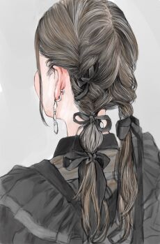 Rule 34 | 1girl, black bow, black hair, bow, braid, earrings, frills, from behind, grey background, hair bow, hair focus, hashtag-only commentary, highres, jewelry, nalutima, nape, real life, simple background, solo, twin braids, uesaka sumire