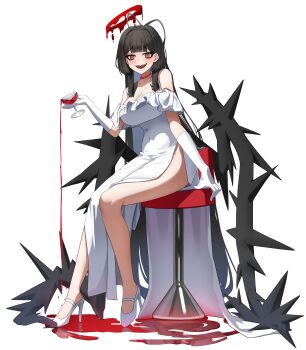 1girl :d @_@ absurdly_long_hair absurdres alcohol alternate_costume antenna_hair arm_at_side bare_shoulders black_hair black_wings blood blood_halo blue_archive blunt_bangs breasts chair choker cleavage clothing_cutout collarbone covered_navel cup dress drinking_glass drooling formal_clothes full_body furrowed_brow gloves hair_intakes hair_over_shoulder halo hand_up high_heels highres hip_vent holding holding_cup jaffna large_breasts liquid_halo long_dress long_hair looking_at_viewer low_wings mouth_drool off-shoulder_dress off_shoulder on_chair open_mouth red_choker red_eyes red_halo reflection reflective_liquid sharp_teeth sidelocks simple_background sitting sleeveless sleeveless_dress smile solo straight_hair teeth thighs tsurime tsurugi_(blue_archive) upper_teeth_only very_long_hair white_background white_gloves wine wine_glass wings