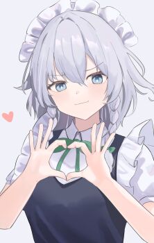 1girl blue_dress blue_eyes braid closed_mouth collared_shirt commentary_request dress four-finger_heart_hands grey_background grey_hair hair_between_eyes heart heart_hands highres izayoi_sakuya looking_at_viewer maid maid_headdress medium_hair shirt short_sleeves smile solo tentyuu_th touhou twin_braids upper_body white_shirt