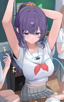 Rule 34 | 3girls, armpit focus, armpits, arms up, asahina mafuyu, bare arms, black cardigan, blue eyes, blush, breast pocket, breasts, cardigan, chair, classroom, commentary, crossed bangs, eraser, facing viewer, grey skirt, hair between eyes, hair ornament, hair scrunchie, high ponytail, highres, indoors, large breasts, long hair, looking at object, looking down, midriff, miniskirt, multiple girls, neckerchief, orange scrunchie, parted lips, pleated skirt, pocket, ponytail, project sekai, purple hair, red neckerchief, sailor collar, school chair, school uniform, scrunchie, serafuku, shirt, short sleeves, sidelocks, sitting, skirt, solo focus, stretching, sweatdrop, talking, unworn cardigan, usagi melon3, white sailor collar, white shirt