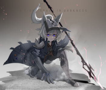 Rule 34 | 1girl, absurdres, arknights, armor, black coat, black gloves, black shoes, brown shirt, chinese commentary, closed mouth, coat, commentary request, english text, full body, gloves, grani (arknights), grey background, grey gloves, grey hair, grey shoes, hand on floor, highres, holding, holding polearm, holding weapon, infection monitor (arknights), knee armor, lance, leg armor, light particles, long hair, looking at viewer, magic, on one knee, polearm, ponytail, purple eyes, shirt, shoes, solo, strap, vambraces, visor (armor), weapon, yindelaixi