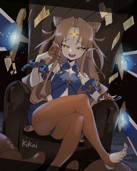 1girl :d absurdres bare_shoulders bigchanceman black_background blonde_hair blush braid braided_base breasts bun_with_braided_base clothing_cutout commentary cone_hair_bun crossed_legs cuffs double_bun facial_mark fang forehead_mark hair_bun highres legs mesugaki_regent minion_(slay_the_spire) navel_cutout on_throne open_mouth orange_pantyhose pantyhose pointy_ears shackles sitting slay_the_spire slay_the_spire_2 small_breasts smile smug sovereign_blade space stirrup_legwear the_regent_(slay_the_spire) thighs throne toeless_legwear toes untranslatable_commentary yellow_eyes