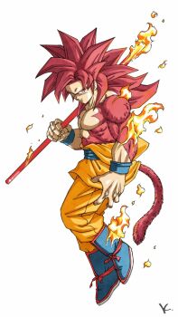 1boy blue_boots boots dragon_ball dragon_ball_daima fire highres kakeru_(dbskakeru) long_hair male_focus monkey_tail orange_pants orange_tunic pants red_eyes red_fur red_hair red_tail ruyi_jingu_bang simple_background solo son_goku spiked_hair super_saiyan super_saiyan_4 tail topless_male tunic white_background