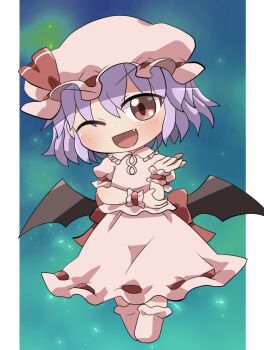 1girl ;d back_bow bat_wings blush bow chibi chibi_only collared_shirt commentary_request fang frilled_shirt_collar frills full_body hand_up hat hat_ribbon highres looking_at_viewer mob_cap one_eye_closed open_mouth pink_hat pink_shirt pink_shoes pink_skirt purple_hair red_bow red_eyes red_ribbon remilia_day remilia_scarlet ribbon ribbon-trimmed_skirt ribbon_trim rokugou_daisuke shirt shoes short_hair short_sleeves signature skirt smile solo standing touhou wings wrist_cuffs