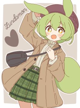 1girl :d absurdres animal_ears arm_up bag blush border bright_pupils brown_hat character_name coat commentary cowboy_shot dot_nose green_hair green_skirt grey_background grey_sweater hat heart highres long_hair long_sleeves looking_at_viewer open_clothes open_coat open_mouth outside_border plaid_clothes plaid_skirt pleated_skirt shoulder_bag simple_background skirt smile solo sweater trench_coat voicevox white_background white_border white_pupils yellow_eyes zundamon zungurimukkuri_tarou
