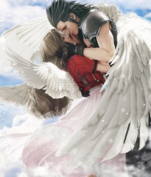 1boy 1girl 3d aerith_gainsborough angel_wings armor black_gloves black_hair blue_sky brown_hair closed_mouth cloud cloudy_sky commentary couple cross_scar dress earrings emy-san english_commentary eye_contact facial_scar feathered_wings feathers feet_out_of_frame final_fantasy final_fantasy_vii final_fantasy_vii_rebirth final_fantasy_vii_remake from_side gloves hair_slicked_back hand_on_another&#039;s_face highres jacket jewelry light_particles long_hair looking_at_another pink_dress profile red_jacket scar scar_on_cheek scar_on_face short_sleeves shoulder_armor signature sky sleeveless sleeveless_turtleneck spiked_hair stud_earrings sweater turtleneck turtleneck_sweater watermark white_feathers white_wings wings zack_fair