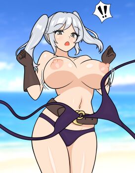 Rule 34 | !, !!, 1girl, accidental exposure, alternate costume, beach, belt, bikini, breasts, female robin (fire emblem), female robin (seaside tactician) (fire emblem), fire emblem, fire emblem awakening, fire emblem heroes, grey eyes, grey hair, huge breasts, nintendo, nipples, outdoors, swimsuit, twintails, wardrobe malfunction, yoshio hentai