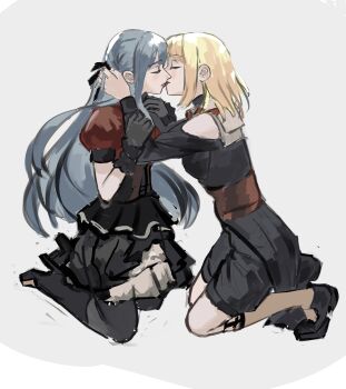 2girls absurdres bang_dream! bang_dream!_it&#039;s_mygo!!!!! black_corset black_dress black_gloves black_pantyhose black_skirt blonde_hair blue_hair commentary corset doloris_(bang_dream!) dress ginkgo_doodles gloves grey_background highres long_hair long_sleeves medium_hair misumi_uika multiple_girls oblivionis_(bang_dream!) pantyhose red_shirt shirt sidelocks simple_background skirt togawa_sakiko yuri