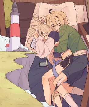 2girls addendium ahoge animal_ear_fluff animal_ears bed black_hair black_shorts blonde_hair blue_hair blue_shirt blue_shorts cat_ears cellphone cliff closed_eyes closed_mouth commentary covered_mouth cuddling dolphin_shorts dooby english_commentary feet_out_of_frame fins fish_girl fish_tail green_sweater hair_between_eyes highres indie_virtual_youtuber light_blush lighthouse long_hair long_sleeves lying midriff_peek mouse_girl mouse_tail multicolored_hair multiple_girls on_bed on_side phone pillow raglan_sleeves sameko_saba shirt short_eyebrows short_hair shorts sleeping sleeping_together smartphone socks spooning streaked_hair sweater tail tail_around_another&#039;s_leg tail_wrap three-quarter_sleeves virtual_youtuber white_shirt white_socks yuri