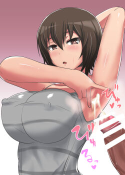 1boy 1girl arm_up armpits blush breasts brown_eyes brown_hair censored covered_erect_nipples cum cum_on_armpit ejaculation erection female_focus girls_und_panzer hetero highres huge_breasts looking_at_viewer nishizumi_maho open_mouth spread_armpit steaming_body sweat yukimaro_yukkii