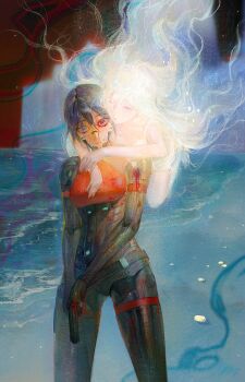 2girls absurdres android ariane_yeong black_hair blood blue_eyes cyberpunk elster_(signalis) highres holding iculovedom joints long_hair metal_skin multiple_girls red_eyes robot_girl robot_joints science_fiction short_hair signalis weapon white_hair yuri