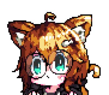 1girl ahoge animal_ears animated animated_gif black-framed_eyewear brown_hair cat_ears cat_girl cat_tail commission downvote_(downvote_me) fish_hair_ornament glasses green_eyes hair_ornament looking_at_viewer original round_eyewear short_hair simple_background solo tail white_background