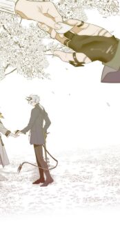 1boy 1other ardashir_(arknights) arknights arknights:_endfield black_pants blue_eyes coat commentary demon_boy demon_horns demon_tail endministrator_(arknights) english_commentary frown gloves grey_coat highres holding holding_hands holding_petal horns jewelry multiple_rings out_of_frame pants partially_fingerless_gloves petals pointy_ears ponytail ring salmonntan tail white_hair